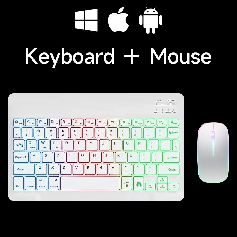 Mini Backlit RGB 10Inch Bluetooth Keyboard Wireless Mouse Rechargeable for Spanish Russian Hebrew Korean French Arabic Portugal
