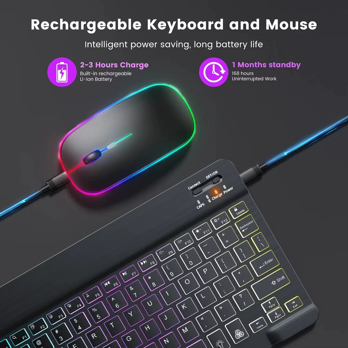 Mini Backlit RGB 10Inch Bluetooth Keyboard Wireless Mouse Rechargeable for Spanish Russian Hebrew Korean French Arabic Portugal