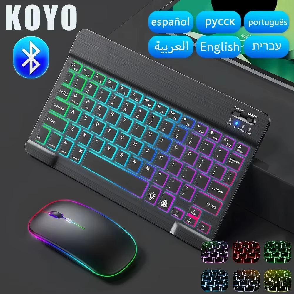 Mini Backlit RGB 10Inch Bluetooth Keyboard Wireless Mouse Rechargeable for Spanish Russian Hebrew Korean French Arabic Portugal